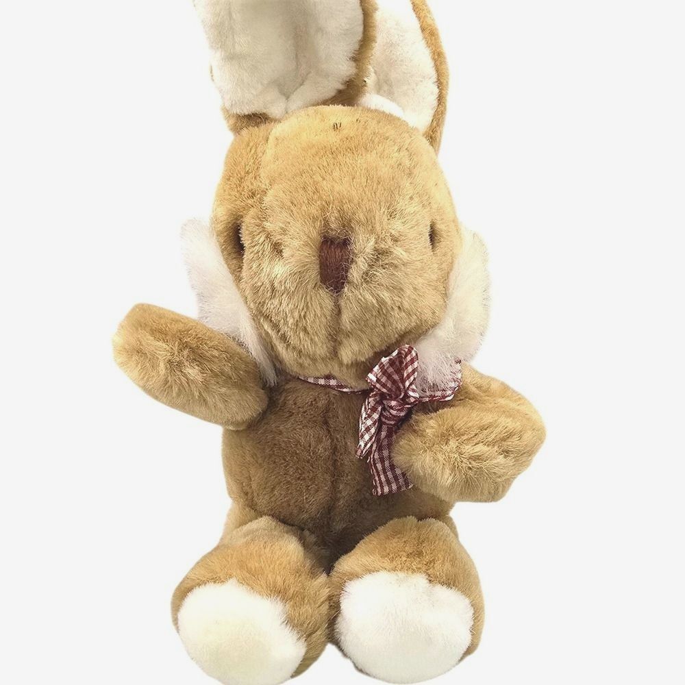 Vintage 1987 Chosun Bunny Rabbit Plush 12" Brown White Gingham Bow Korea 80s